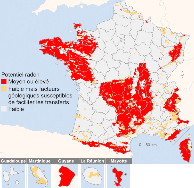 Carte du potentiel radon en France (source : ISRN 2017)