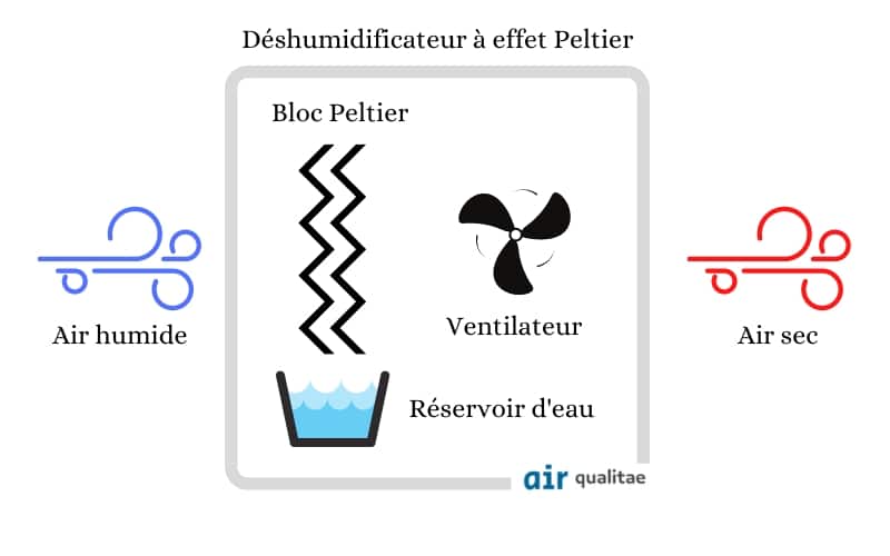Schéma de l'effet Peltier appliqué à un déshumidificateur