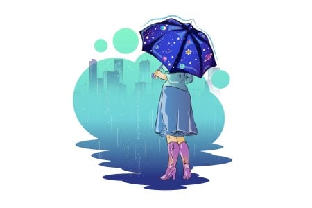 Adorable femme portant une veste et des bottes hautes sous la pluie
