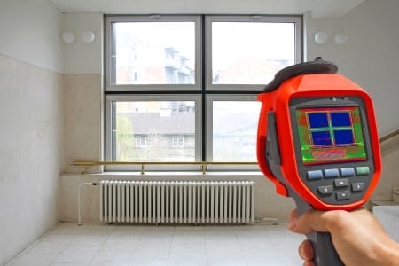 Caméra thermique professionnelle scannant une fenêtre