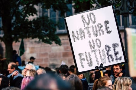 Pancarte avec le slogan pas de nature pas de futur lors d'une manifestation contre le réchauffement climatique